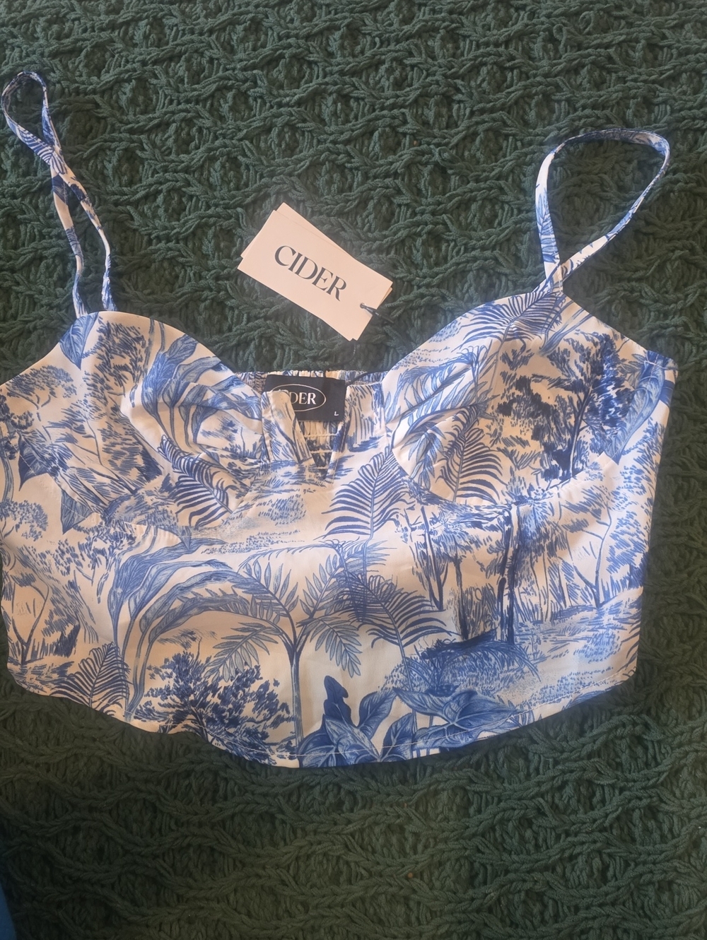 Cider White Cropped Camisole with Blue Tropical Print